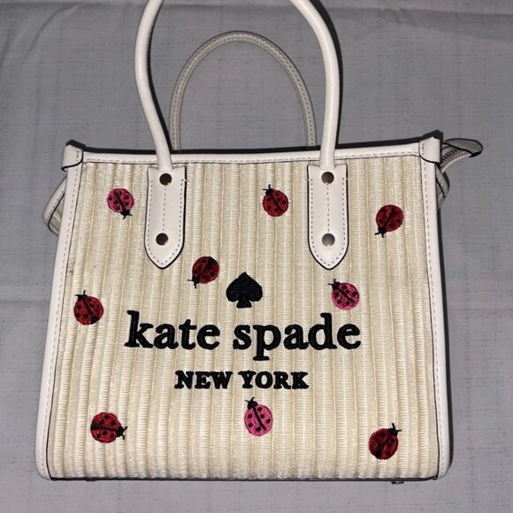 Kate Spade Ella Small Embroidered Straw Ladybug Tote Crossbody Bag - Picture 1 of 14